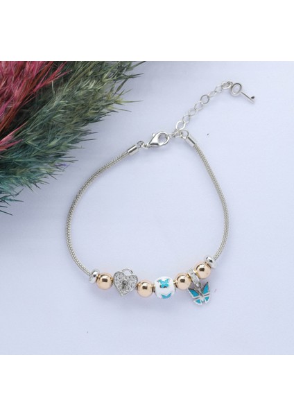 Kelebek- Kalp (Butterfly-Heart) Figürlü 925 Ayar Gümüş Charm Bileklik