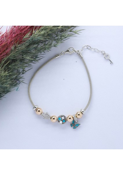 Kelebek-Fatma Ana Eli (Butterfly-Fatima Hand) Figürlü 925 Ayar Gümüş Charm Bileklik