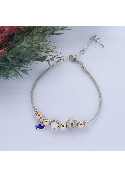Kalp- Balık (Heart-Fish) Figürlü 925 Ayar Gümüş Charm Bileklik