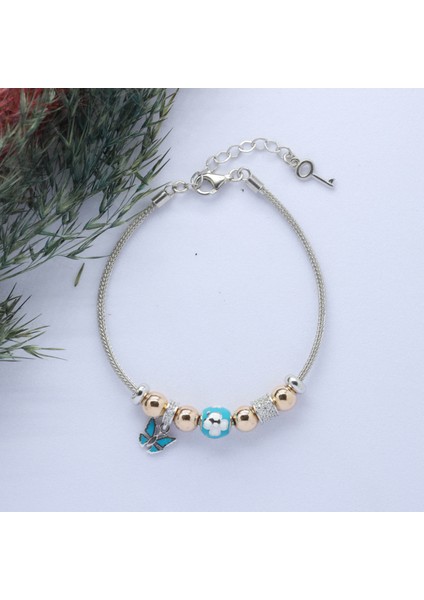 Kelebek- Yonca (Butterfly-Clever) Figürlü 925 Ayar Gümüş Charm Bileklik