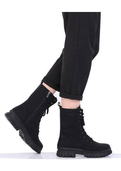 Mp 242-2212ZN Siyah Kadın Kışlık Düz Postal Bot Ayakkabı