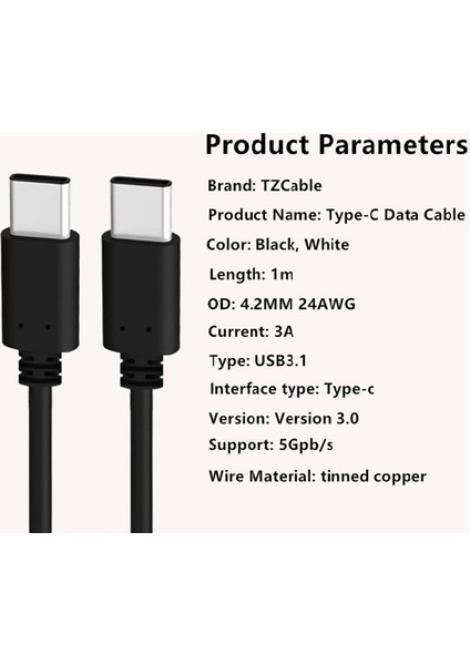 Type C To Type Erkek Erkek Data Şarj Kablosu 30 cm