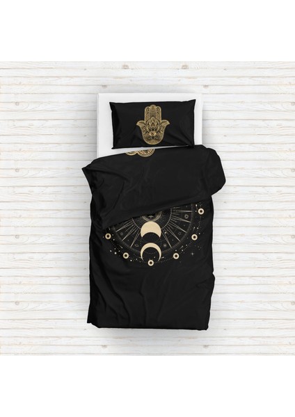 Mystical Moon Phase & Gold Hamsa Çift Taraflı Nevresim Takımı - 200 cm x 220 cm