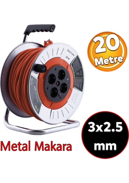 Metal Makaralı Seyyar Cca Kablo 4 Prizli Monofaze Uzatma Kablosu 3x2.5 mm Ttr Kablo 20 Metre