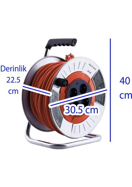 Metal Makaralı Seyyar Cca Kablo 4 Prizli Monofaze Uzatma Kablosu 3x2.5 mm Ttr Kablo 20 Metre