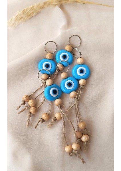 Nazar Boncuk Mavi Anahtarlık 5 Adet Kötü Göz Kovucu Ahşap Boncuklu Nazar Hand Made Hasır Nazarlı Anahtarlık