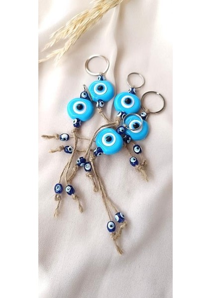 Nazar Boncuk Mavi Anahtarlık 5 Adet Kötü Göz Kovucu Nazar Hand Made Hasır Nazarlı Anahtarlık