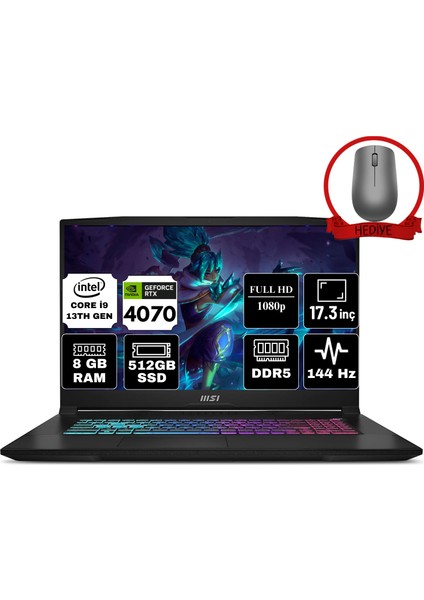 Msı Katana 17 Intel Core I9 13900H 8gb 512GB SSD RTX4070/8GB Windows 11 Pro 17.3" Fhd 144Hz Taşınabilir Bilgisayar B13VGK-898TR & Anzar Mouse B13VGK-898TRA65