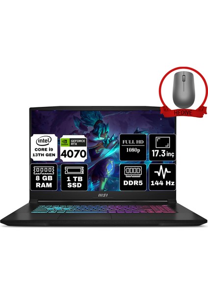 Msı Katana 17 Intel Core I9 13900H 8gb 1tb SSD RTX4070/8GB Freedos 17.3" Fhd 144Hz Taşınabilir Bilgisayar B13VGK-898TR & Anzar Mouse B13VGK-898TRA2