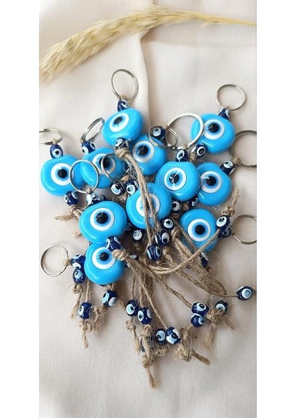 Nazar Boncuk Anahtarlık Mavi 10 Adet Kötü Göz Kovucu Nazar Hand Made Hasır Nazarlı Anahtarlık