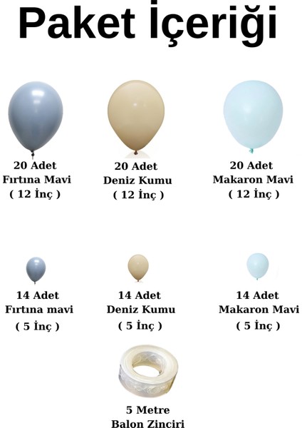 Balon Seti Fırtına Mavi-Deniz Kumu-Makaron Mavi 60 Lı Balon Zinciri Seti