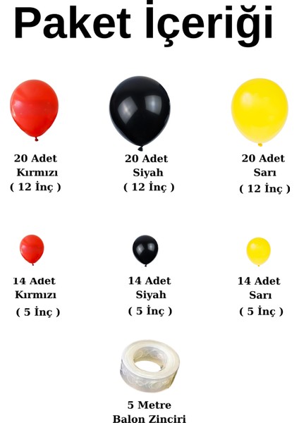 Balon Seti Kırmızı-Sarı-Siyah 100 Lü Balon Zinciri Seti
