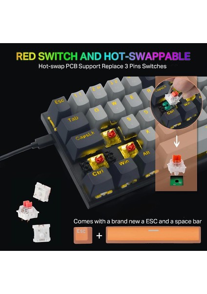 Z-11 Mini 60% Mekanik Gaming Mini Red Switch Klavye (Siyah, Gri, Turuncu Tuşlar)