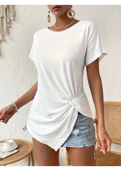 Kadın Kısa Kollu Asimetrik Kesim Beli Büzgü Düğüm Detay Viskon Bluz fırsatları