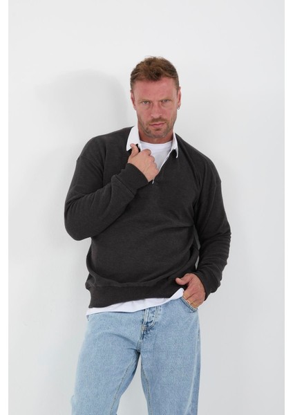 Polo Yaka Selanik Örme Kumaş Erkek Sweatshirt - Füme