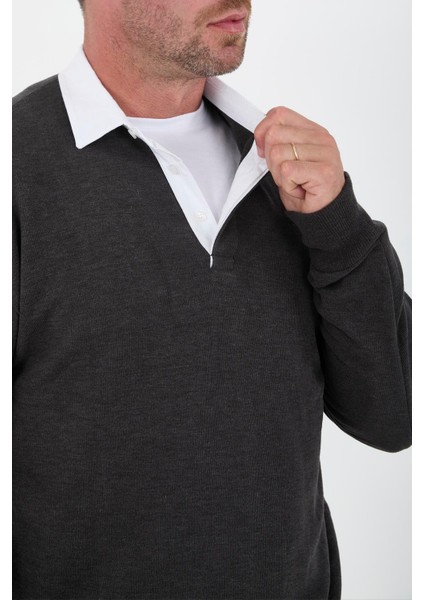 Polo Yaka Selanik Örme Kumaş Erkek Sweatshirt - Füme fiyatları
