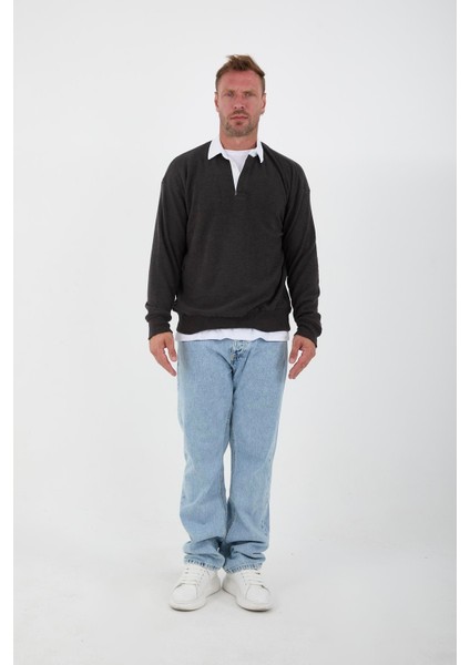 Polo Yaka Selanik Örme Kumaş Erkek Sweatshirt - Füme modelleri