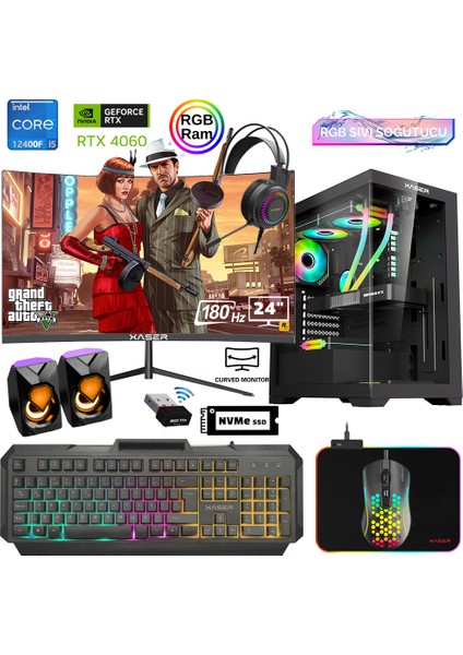 XSR839 I5 12400F 16GB Ram 512GB M.2 Nvme SSD 8gb RTX4060 24"curved 180Hz Sıvı Soğutma Oyun Bilgisayarı
