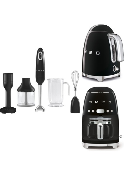 Smeg Siyah Kettle-Filtre Kahve Makinesi ve El Blender Seti