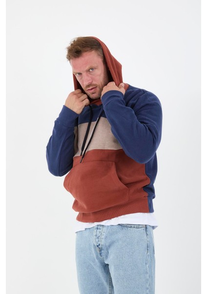 Oversize Kapüşonlu 3 Renk Blok Selanik Örme Erkek Sweatshirt - Kiremit