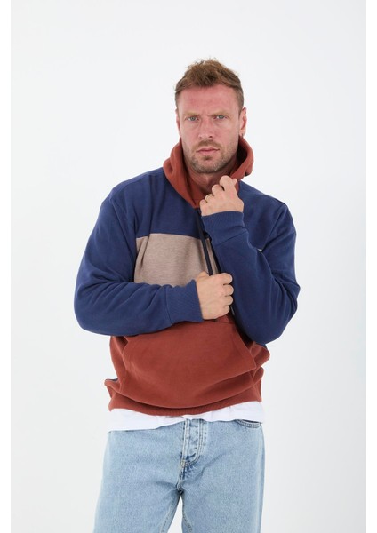 Oversize Kapüşonlu 3 Renk Blok Selanik Örme Erkek Sweatshirt - Kiremit