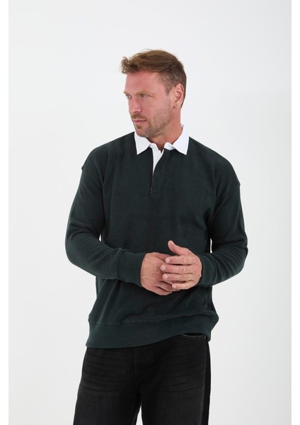Polo Yaka Selanik Örme Kumaş Erkek Sweatshirt - Neftiyeşili fiyatları