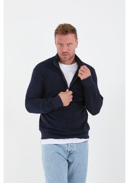 Selanik Örme Yarım Fermuar Erkek Sweatshirt - Lacivert