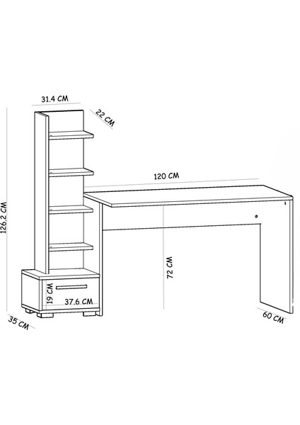 Demonte Decor Asimo Kitaplıklı Çalışma Masası (P) Beyaz-Beyaz