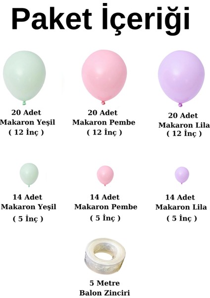 Balon Seti Makaron Yeşil-Makaron Pembe-Makaron Lila 100 Lü Balon Zinciri Seti fiyatları