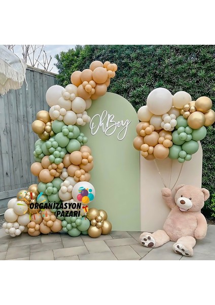 Balon Seti Kış Yeşili-Retro Beyaz-Sütlü Kahve 100 Lü Balon Zinciri Seti