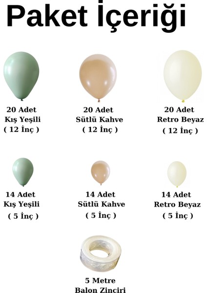 Balon Seti Kış Yeşili-Retro Beyaz-Sütlü Kahve 100 Lü Balon Zinciri Seti fiyatları