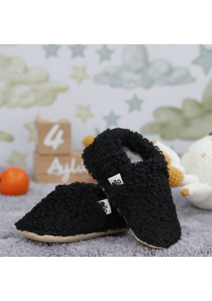 Teddy Bebek Patiği Ev Pandufu, Kaydırmaz Taban, Organik Pamuk Astar Kreş Ayakkabısı, Siyah