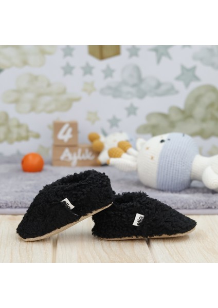Teddy Bebek Patiği Ev Pandufu, Kaydırmaz Taban, Organik Pamuk Astar Kreş Ayakkabısı, Siyah