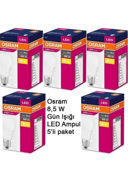 LED Value Ampul Sarı Işık 8.5 W 60WATT 5 Adet