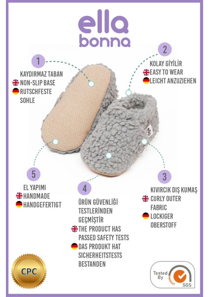 Tedy Bebek Pandufu Ev Patiği, Kaydırmaz Taban, Organik Pamuk Astar, Ev Kreş Ayakkabısı Gri modelleri