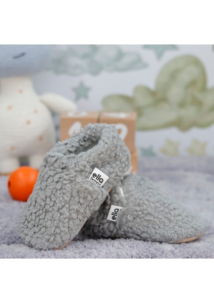 Tedy Bebek Pandufu Ev Patiği, Kaydırmaz Taban, Organik Pamuk Astar, Ev Kreş Ayakkabısı Gri