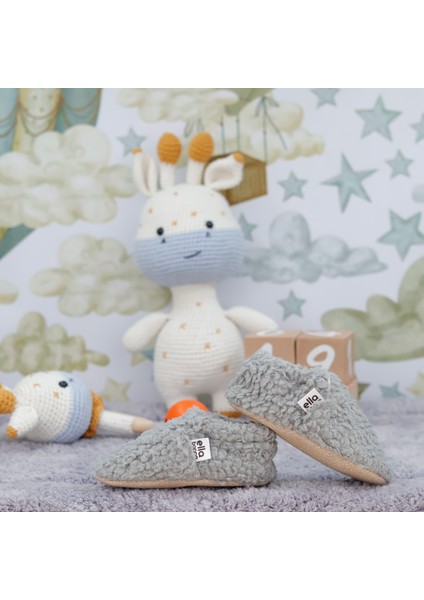 Tedy Bebek Pandufu Ev Patiği, Kaydırmaz Taban, Organik Pamuk Astar, Ev Kreş Ayakkabısı Gri