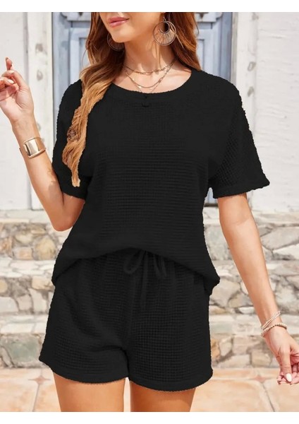 Kadın Kısa Kollu Bisiklet Yaka Alt ve Üst Waffle İkili Takım indirimleri