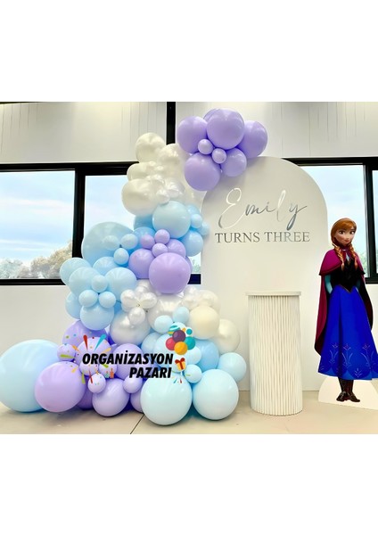 Balon Seti Makaron Mavi-Lila-Metalik Beyaz 100 Lü Balon Zinciri Seti