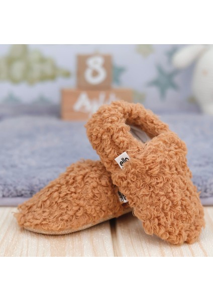 Teddy Bebek Patiği Ev Pandufu, Kaydırmaz Taban, Organik Pamuk Astar Kreş Ayakkabısı, Taba