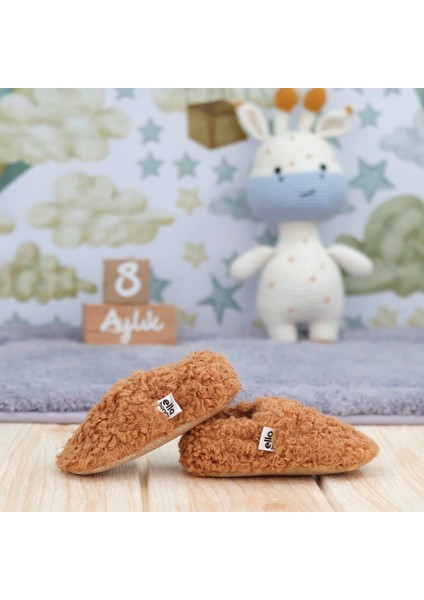 Teddy Bebek Patiği Ev Pandufu, Kaydırmaz Taban, Organik Pamuk Astar Kreş Ayakkabısı, Taba
