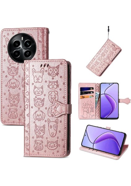 Realme 13 Flip Kapak Karikatür Hayvanlar Için Kılıf Kısa Kayış Deri Kılıf (Yurt Dışından)