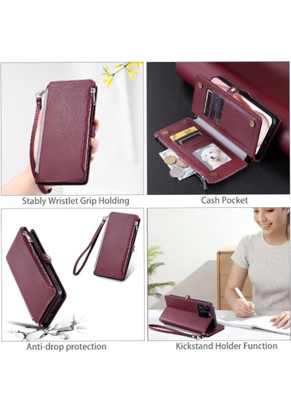 IPhone 14 Için Crossbody Durumda Artı Durumda Cüzdan 9 Kart Yuvaları Fermuar Faturaları (Yurt Dışından)