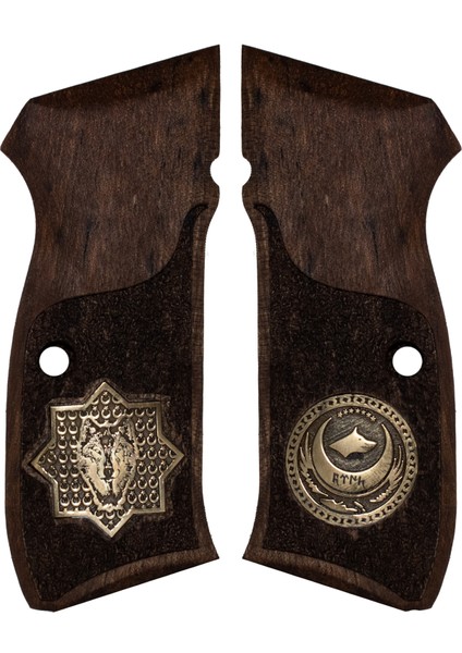 Sarı Metal Kurt Temalı Ceviz Ağacı Tabanca Kabzesi