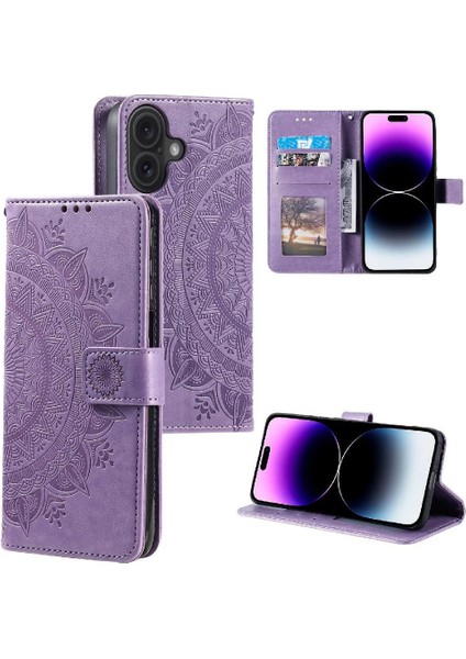 IPhone 16 Için Flip Case Totem Kabartma Kickstand Cüzdan Kılıf Pu Deri (Yurt Dışından)