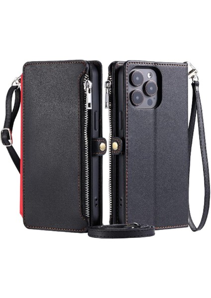 IPhone 15 Pro Fermuar Faturaları Yuvası Için Crossbody Durumda Rfıd Engelleme Uzun 9 (Yurt Dışından)