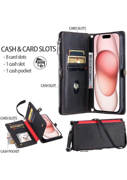 IPhone 15 Pro Fermuar Faturaları Yuvası Için Crossbody Durumda Rfıd Engelleme Uzun 9 (Yurt Dışından)