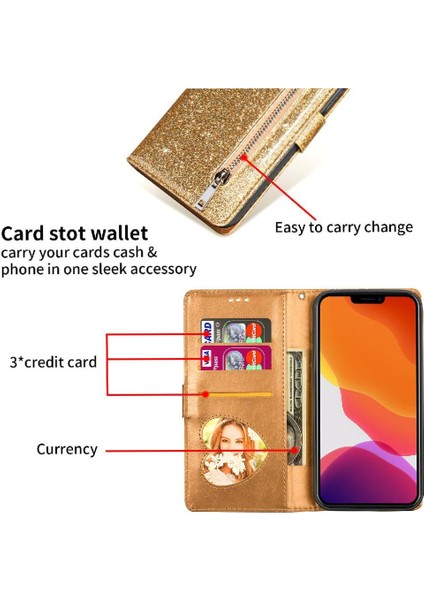 IPhone 14 Için Fermuar Cep Durumda Artı Pu Deri Kart Tutucu Glitter Vaka (Yurt Dışından)