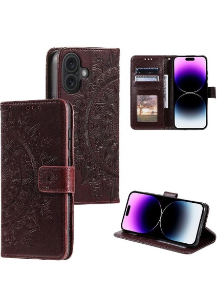 IPhone 16 Için Flip Case Totem Kabartma Kickstand Cüzdan Kılıf Pu Deri (Yurt Dışından)