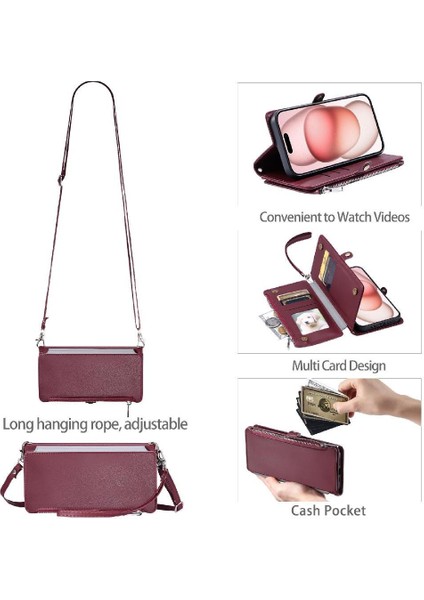 IPhone 14 Için Crossbody Durumda Artı Durumda Cüzdan 9 Kart Yuvaları Fermuar Faturaları (Yurt Dışından)